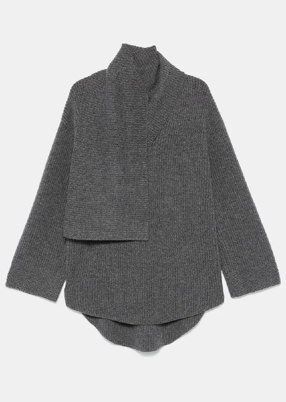 Dark Grey Long Scarf Knit Sweater Ribbed Striped Patterned