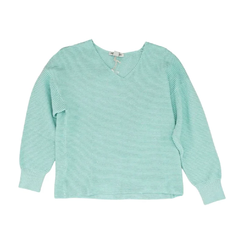 Blue Solid V-Neck Sweater Real Fur Shearling Chenille