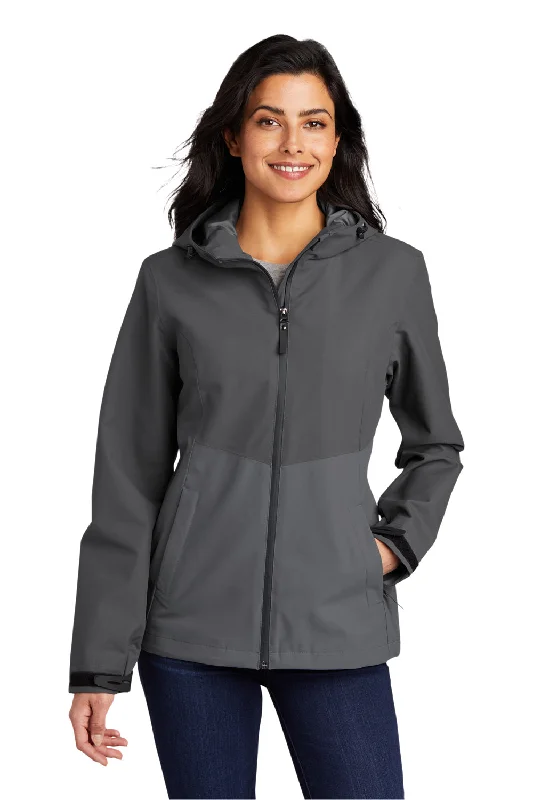 Port Authority Womens Tech Wind & Water Resistant Full Zip Hooded Rain Jacket - Storm Grey/Shadow Grey - Closeout Front Pockets Side Pockets Patch Pockets