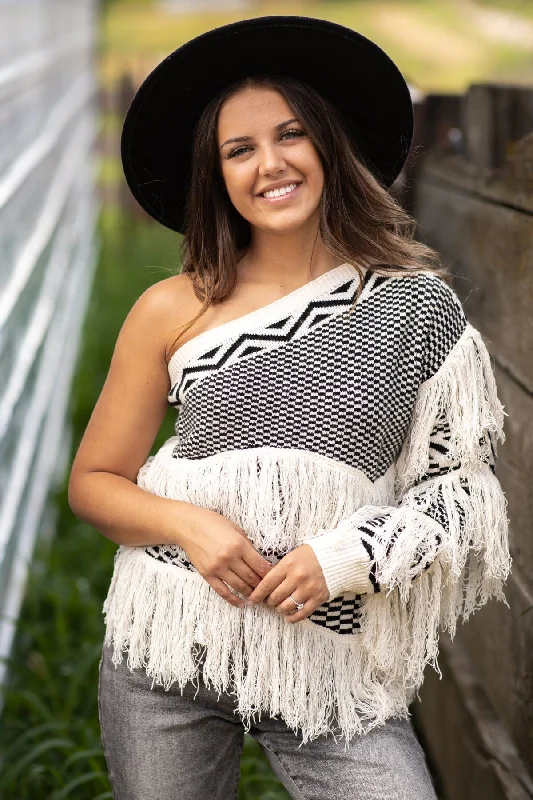 Ivory One Shoulder Sweater With Fringe Bright Pastel Dark