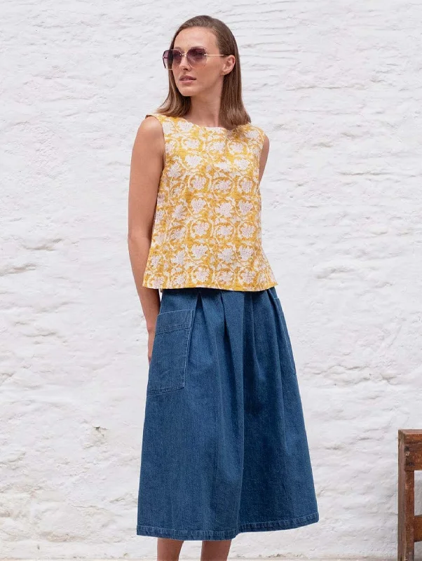 Elsie Cotton Midi Skirt | Denim velvet skirt luxurious