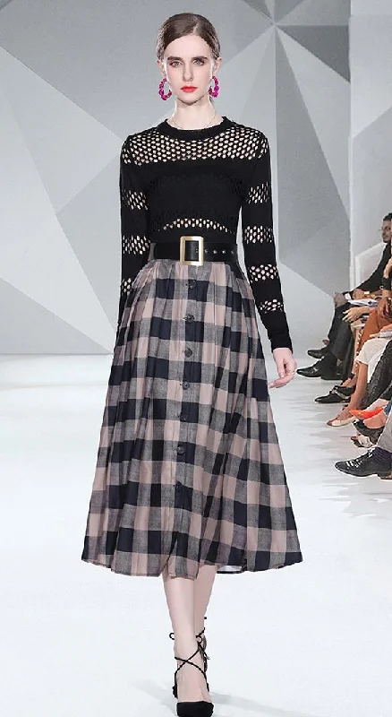 Hollow Out Fashion Sexy Top+Grid Printing Tall Waist Skirt ruffled skirt detail