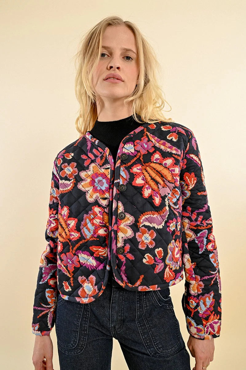 Quilted Floral Jacket Zip Front Button Front Snap Front