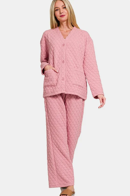 Hazel Blues® | Zenana Quilted Button Up Long Sleeve Top and Pants Lounge Set Classic Straight-Leg Pants Hazel Blues® | Zenana Quilted Button Up Long Sleeve Top and Pants Lounge Set Classic Straight-Leg Pants