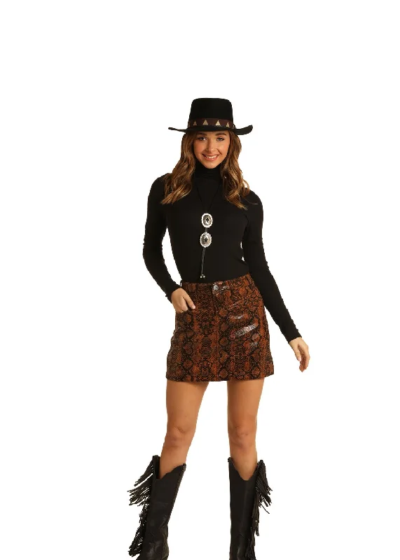 Rock and Roll Cowgirl Junior's Mid Rise Snake Print Skirt, Brown silk skirt lustrous