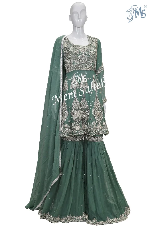 Indo Western Olive green Designer Frock Top Stone work and Gharara pant Comfy High-Waist Jeans Indo Western Olive green Designer Frock Top Stone work and Gharara pant Comfy High-Waist Jeans