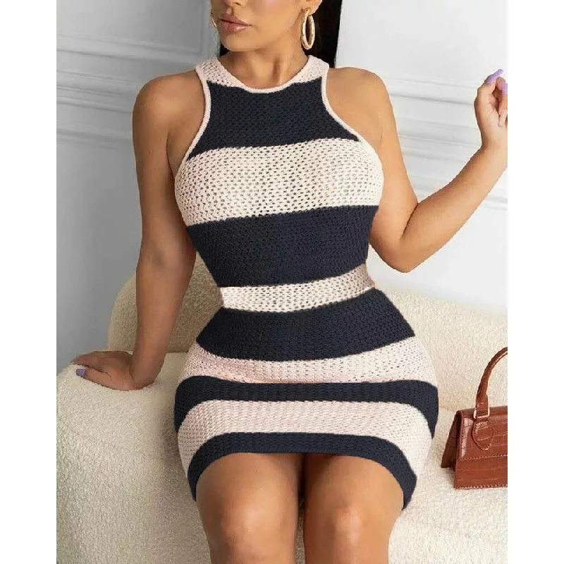 Striped Mini Sweater Dress Welt Pockets Slit Pockets Flap Pockets