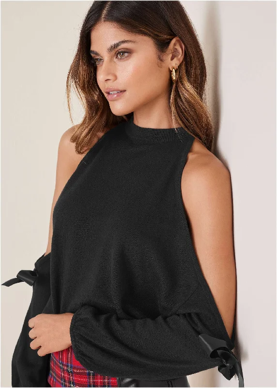 Cold Shoulder Bow Sweater - Black Jersey Fabric Tulle Fabric Batik Fabric