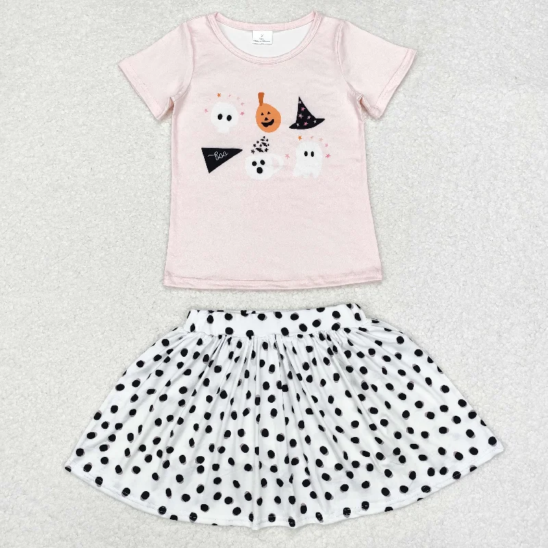 RTS NO MOQ ETA 5/7days GT0698+GLK0031 Halloween ghost pumpkin pink short-sleeved top Black polka dot white skirt sets lace skirt delicate
