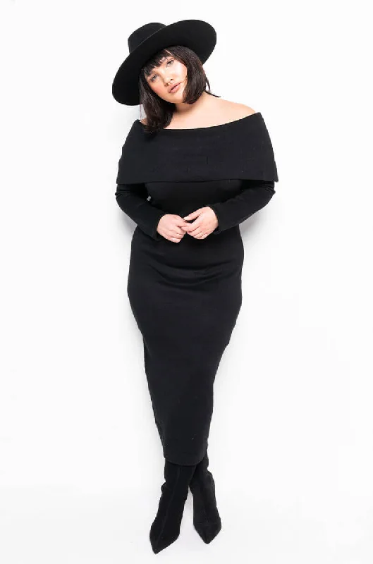 PLUS COZY AF OFF THE SHOULDER MIDI SWEATER DRESS BLACK Seamless Knitted Crochet