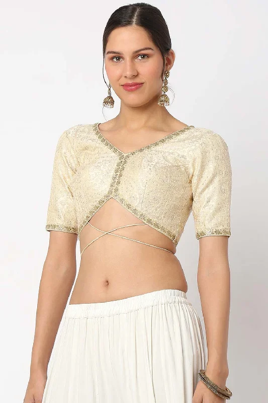 Cream Silk Embroidered Elbow Sleeves Blouse Silky Tunic Blouse