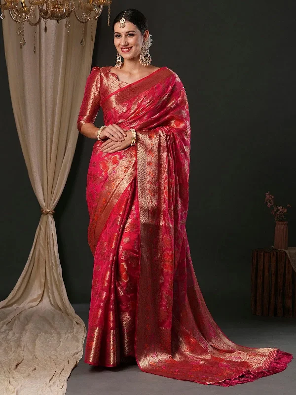 Saree Mall Women's Organza Pink Woven Design Designer Saree With Blouse Piece-YARYA113E Loose Oversized Blouse