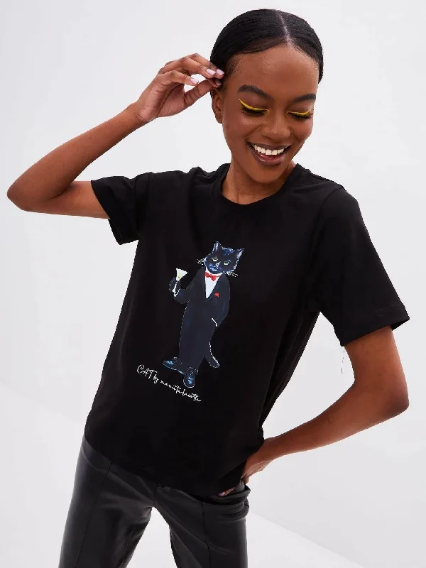 Black Printed T-shirt DANDY CAT-- Mesh Fabric Canvas Fabric Denim Fabric