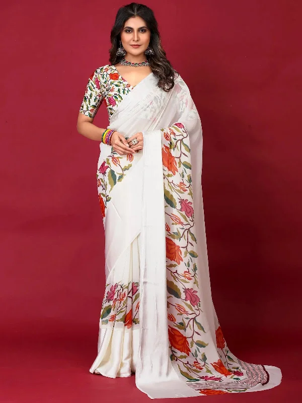 Saree Mall Women's Georgette White Printed Designer Saree With Blouse Piece-REDISON1001 Pleated Collar Blouse Saree Mall Women's Georgette White Printed Designer Saree With Blouse Piece-REDISON1001 Pleated Collar Blouse