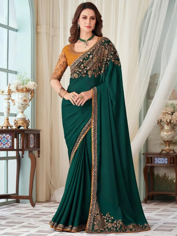 Saree Mall Women's Satin  Teal Green Embellished Designer Saree With Blouse Piece-SILVER27017A Cotton Casual Blouse
