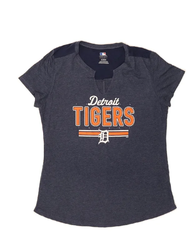 MLB Womens Detroit Tigers Graphic T-Shirt Top UK 18 XL Navy Blue Cotton-- Collared Crew Neck Turtle Neck