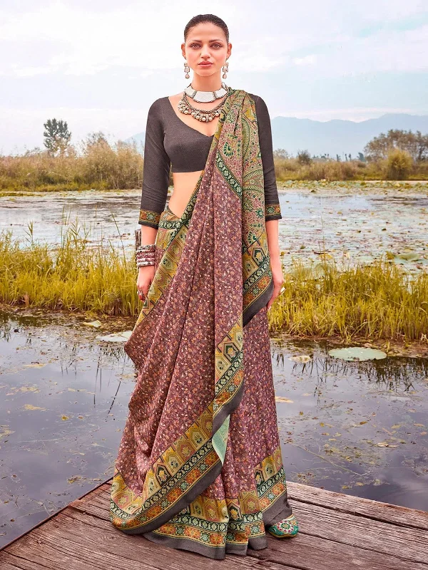 Saree Mall Women's Pashmina Mauve Printed Designer Saree With Blouse Piece-NORTHBT1105 Ruffled Neck Blouse Saree Mall Women's Pashmina Mauve Printed Designer Saree With Blouse Piece-NORTHBT1105 Ruffled Neck Blouse