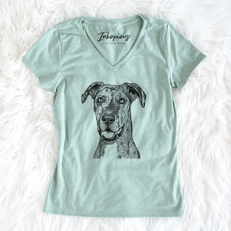 Bare Athena the Merle Great Dane - Women's V-neck Shirt-- Fitted T-Shirt Seamless Stretchy Bare Athena the Merle Great Dane - Women's V-neck Shirt-- Fitted T-Shirt Seamless Stretchy