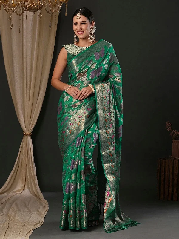 Saree Mall Women's Organza Teal Green Woven Design Designer Saree With Blouse Piece-YARYA113F Soft Satin Blouse