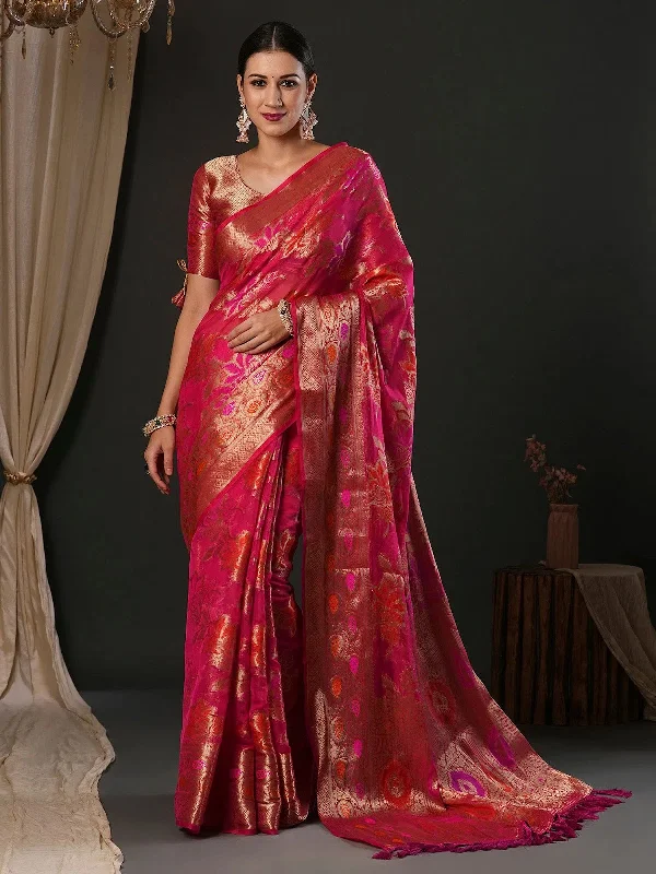 Saree Mall Women's Organza Pink Woven Design Designer Saree With Blouse Piece-YARYA111A Feminine Puff Blouse