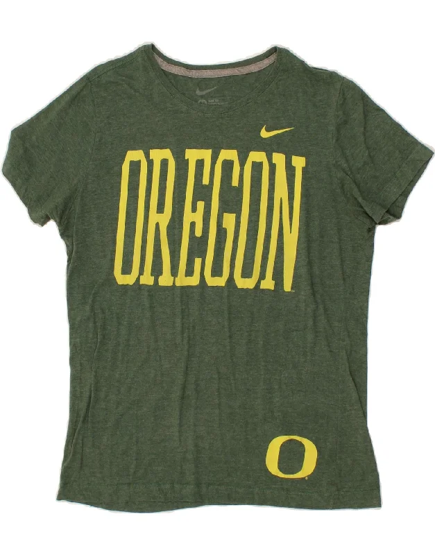 NIKE Womens Slim Fit Graphic T-Shirt Top UK 18 XL Green Cotton-- Terry Blend Velvet Blend Canvas Blend