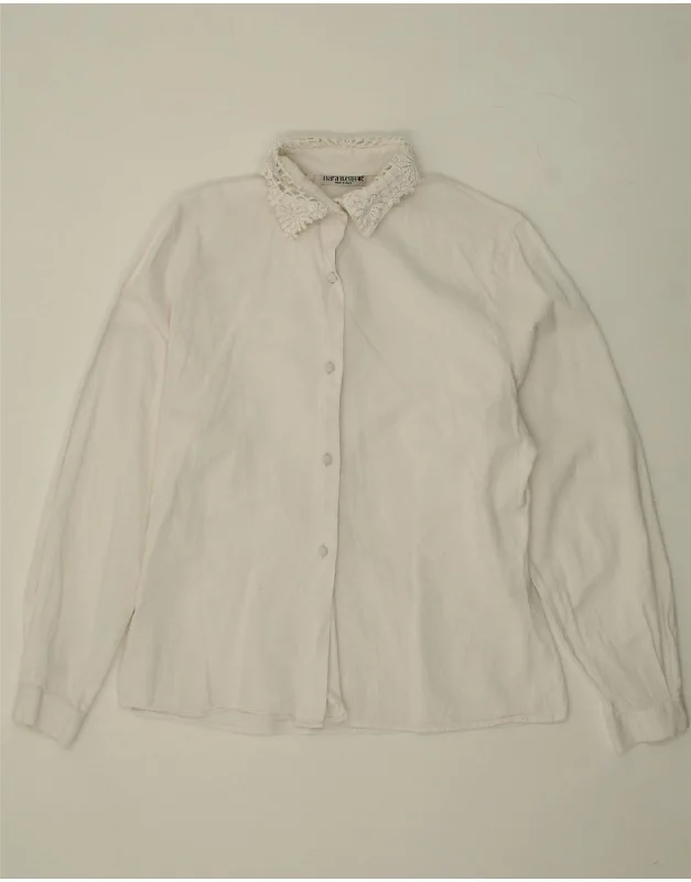 VINTAGE Womens Shirt UK 14 Medium White Cotton-- Anti-Pilling Machine Wash Handmade