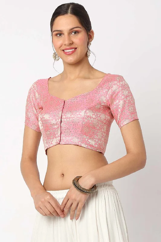 Pink Brocade Self Design Elbow Sleeves Blouse Smart Casual Blouse