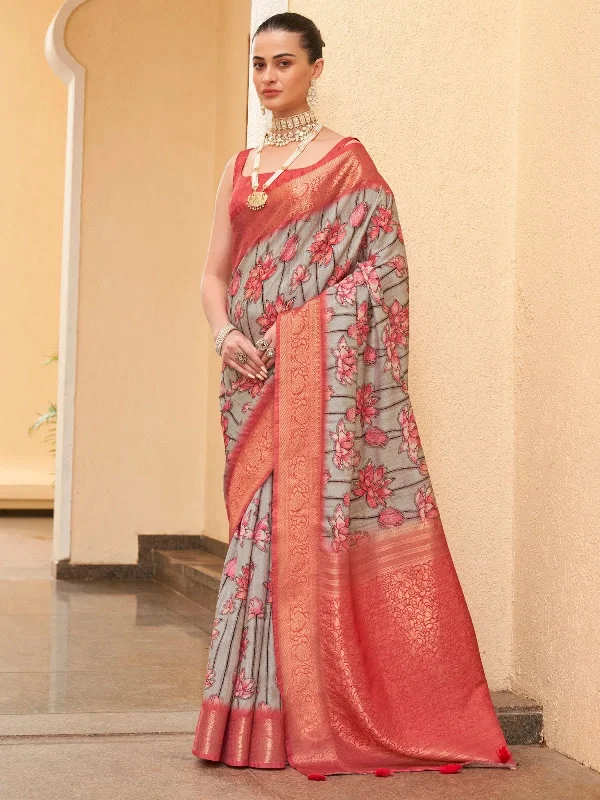 Saree Mall Women's Tussar  Charcoal Grey Digital Print Designer Saree With Blouse Piece-ANSIKA7704 Silky Draped Blouse