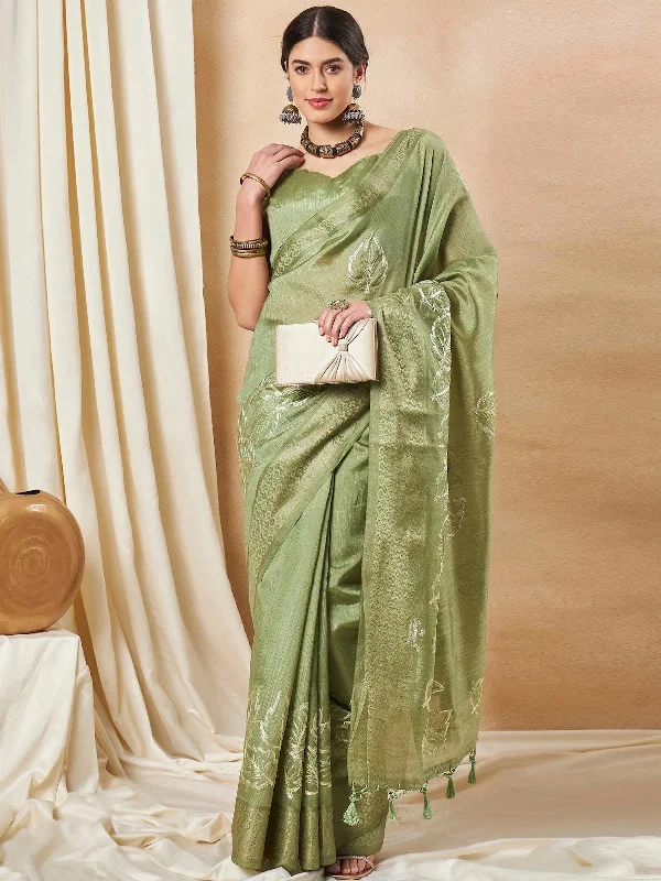Saree Mall Women's Cotton Blend Light Green Woven Design Designer Saree With Blouse Piece-SRENIK1840B Lightweight Chiffon Blouse