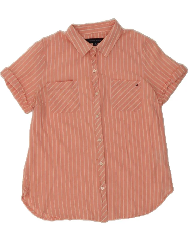 TOMMY HILFIGER Womens Short Sleeve Shirt UK 14 Medium Pink Pinstripe-- Anti-Pilling Machine Wash Handmade