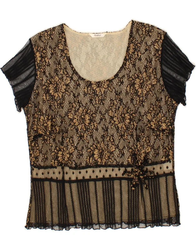 AVALON Womens Blouse Top UK 16 Large Black Floral Polyester Semi-Sheer Blouse