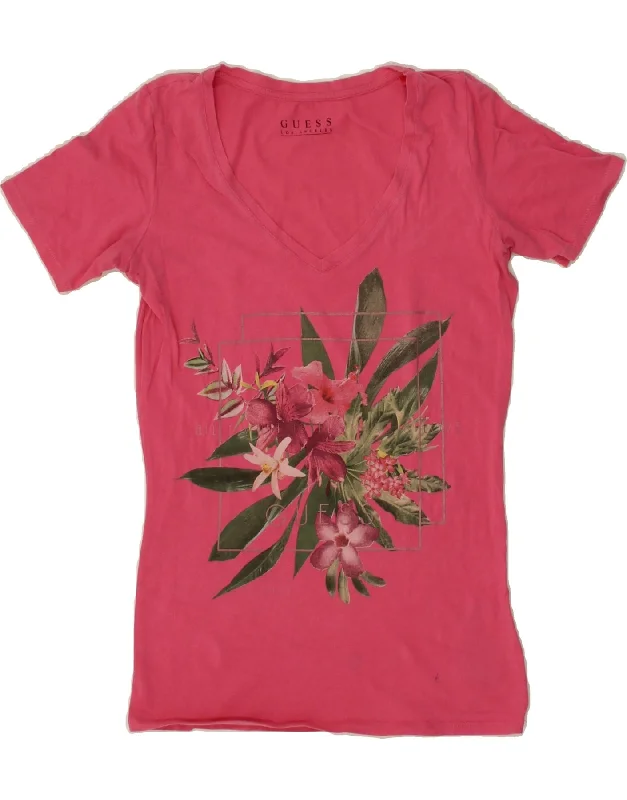 GUESS Womens Graphic T-Shirt Top UK 10 Small Pink Floral Cotton-- Collared Crew Neck Turtle Neck