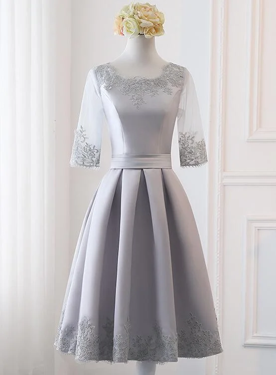 Grey Simple Knee Length Satin Short Sleeves Party Dress, Wedding Party Dress Tunics Bridal satin Grey Simple Knee Length Satin Short Sleeves Party Dress, Wedding Party Dress Tunics Bridal satin