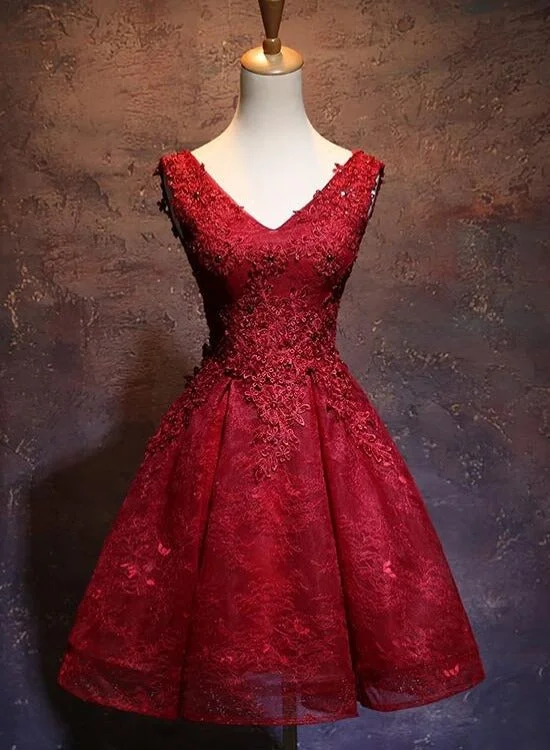 Wine Red Short Lace Cute Homecoming Dress, V-neckline Lace-up Teen Party Dress Tunics Fall fleece Wine Red Short Lace Cute Homecoming Dress, V-neckline Lace-up Teen Party Dress Tunics Fall fleece