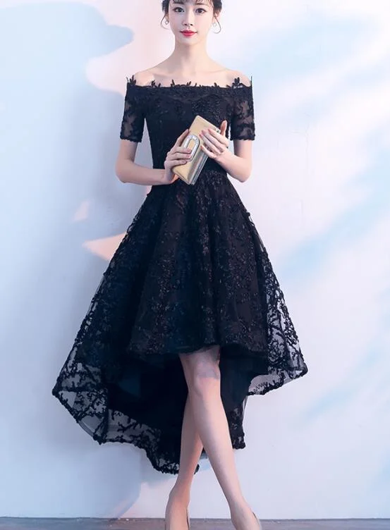 Lovely Black Lace Off Shoulder Bridesmaid Dress, Lace Off Shoulder Black Party Dress Tunics Formal black Lovely Black Lace Off Shoulder Bridesmaid Dress, Lace Off Shoulder Black Party Dress Tunics Formal black