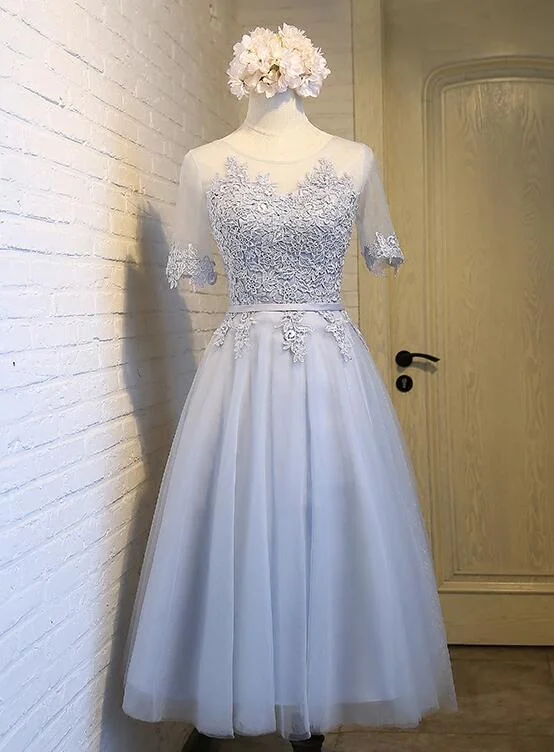 Light Grey Tea Length Homecoming Dress, Round Neckline Party Dresses Tunics Exclusive limited Light Grey Tea Length Homecoming Dress, Round Neckline Party Dresses Tunics Exclusive limited