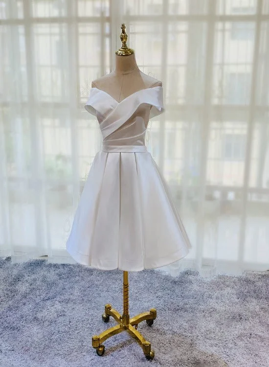White Simple Satin Off Shoulder Knee Length Party Dress, Graduation Dress Prom Dress Tunics Modern contemporary White Simple Satin Off Shoulder Knee Length Party Dress, Graduation Dress Prom Dress Tunics Modern contemporary