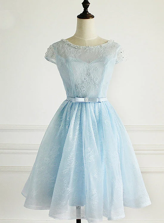 Light Blue Lace Cap Sleeves Cute Short Party Dress, Blue Homecoming Dress Tunics Occasion special Light Blue Lace Cap Sleeves Cute Short Party Dress, Blue Homecoming Dress Tunics Occasion special