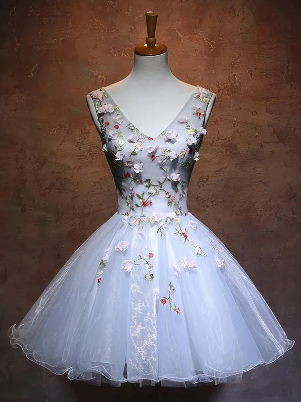 Blue Organza V-neckline Flowers Party Dress, Blue Short Prom Dress Homecoming Dress Tunics Office stylish Blue Organza V-neckline Flowers Party Dress, Blue Short Prom Dress Homecoming Dress Tunics Office stylish