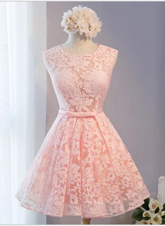 Pink Lace Knee Length Party Dress, Homecoming Dress Short Prom Dress Tunics Spring floral Pink Lace Knee Length Party Dress, Homecoming Dress Short Prom Dress Tunics Spring floral