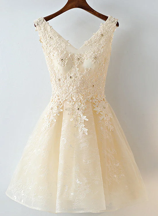 Cute Light Champagne Lace Knee Length Party Dress, Short Prom Dress Tunics Custom made Cute Light Champagne Lace Knee Length Party Dress, Short Prom Dress Tunics Custom made