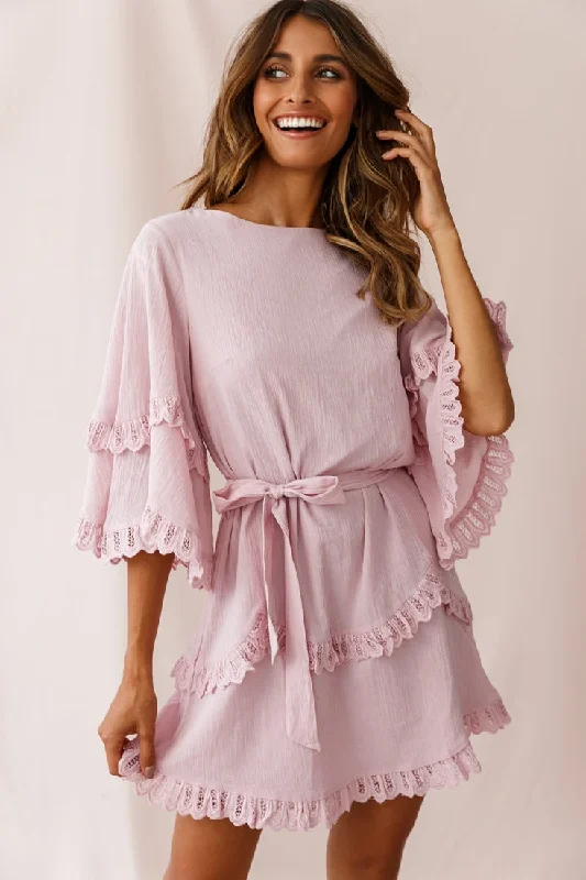 Talitha Waist Tie Lace Trim Dress Blush Tunics Trendy modern