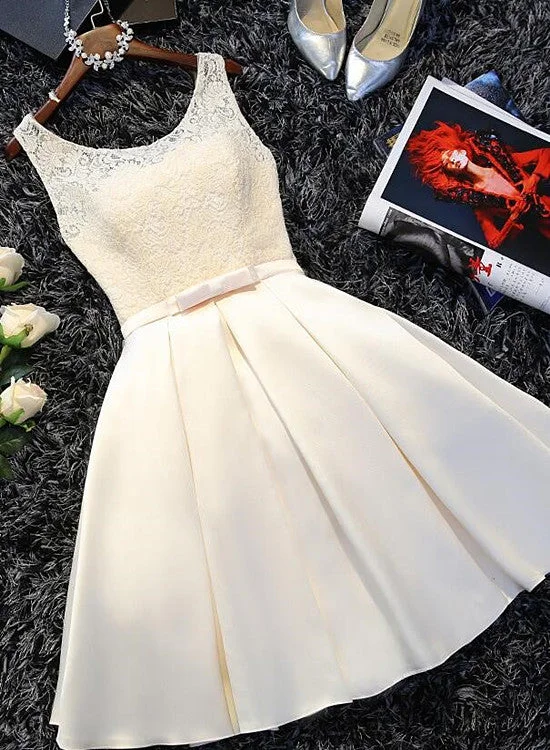 Ivory Satin Lace Round Neckline Knee Length Party Dress, Short Prom Dress Tunics Vintage classic Ivory Satin Lace Round Neckline Knee Length Party Dress, Short Prom Dress Tunics Vintage classic