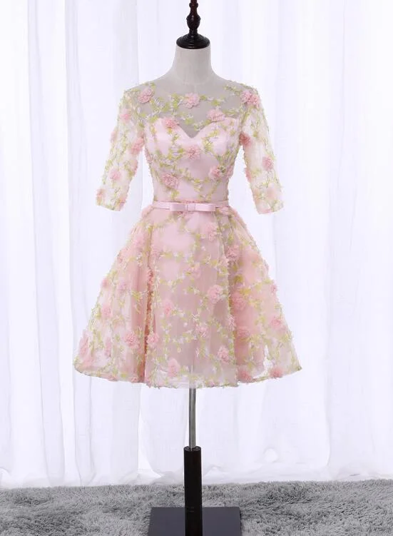 Cute Flowers Short Tulle Pink Party Dress, 3D Flowers Short Homecoming Dress Tunics Party sparkling Cute Flowers Short Tulle Pink Party Dress, 3D Flowers Short Homecoming Dress Tunics Party sparkling