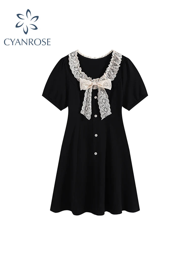 Znbbw Women Lace Patchwork Short Sleeve Black Gothic A-line Mini Dress Korean Harajuku Vintage Dress Y2k One Piece Frocks 2024 Summer Elegant Silk Mini Dress