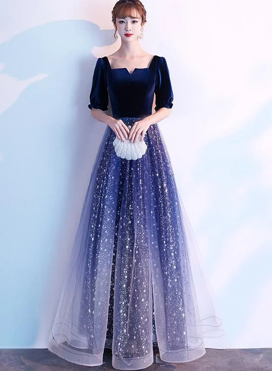 Navy Blue Shiny Tulle and Velvet Long Bridesmaid Dress, Wedding Party Dress Tunics Top rated Navy Blue Shiny Tulle and Velvet Long Bridesmaid Dress, Wedding Party Dress Tunics Top rated
