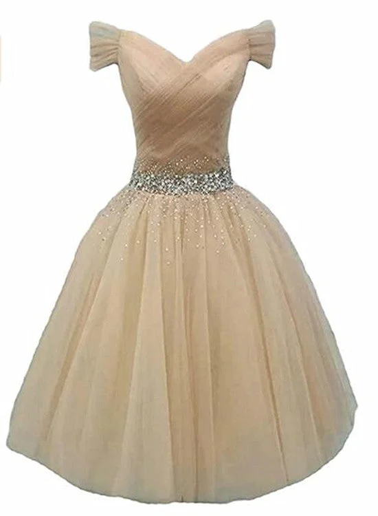 Cute Champagne Beaded Sweetheart Homecoming Dress, Off Shoulder Party Dress Tunics Designer luxury Cute Champagne Beaded Sweetheart Homecoming Dress, Off Shoulder Party Dress Tunics Designer luxury