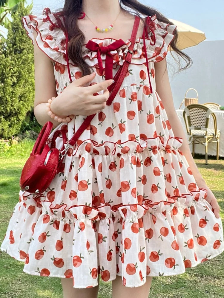 Znbbw Strawberry Lolita Kawaii Dress Women Floral Print Japanese Sweet Cute Dress Female Red Korean Style Party Mini Dress 2024 Stylish Short Sleeve Mini Dress