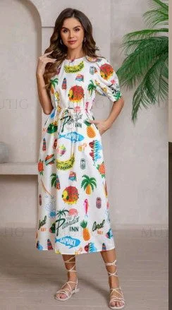 Tropical puff sleeve dress Tunics Denim casual