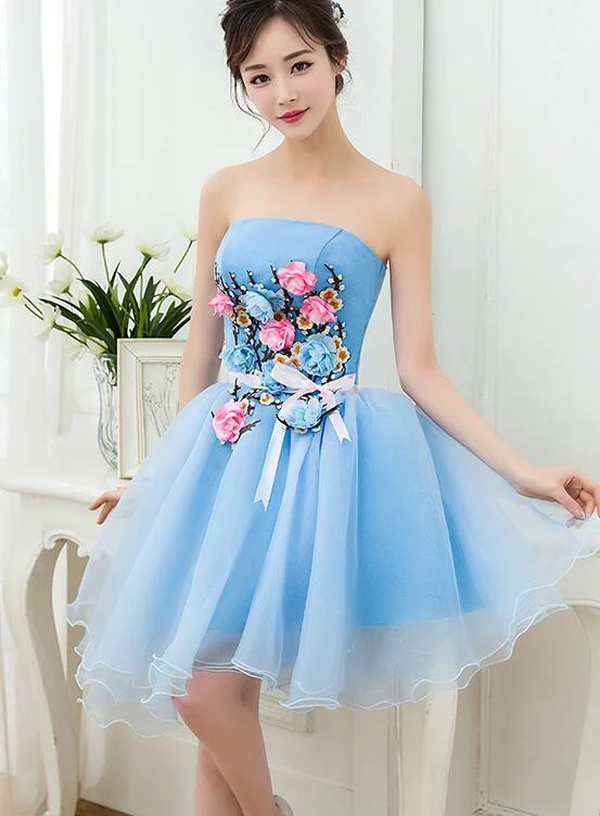 Lovely Blue Organza Short Party Dress with Flowers, Blue Homecoming Dress Tunics Wedding white Lovely Blue Organza Short Party Dress with Flowers, Blue Homecoming Dress Tunics Wedding white